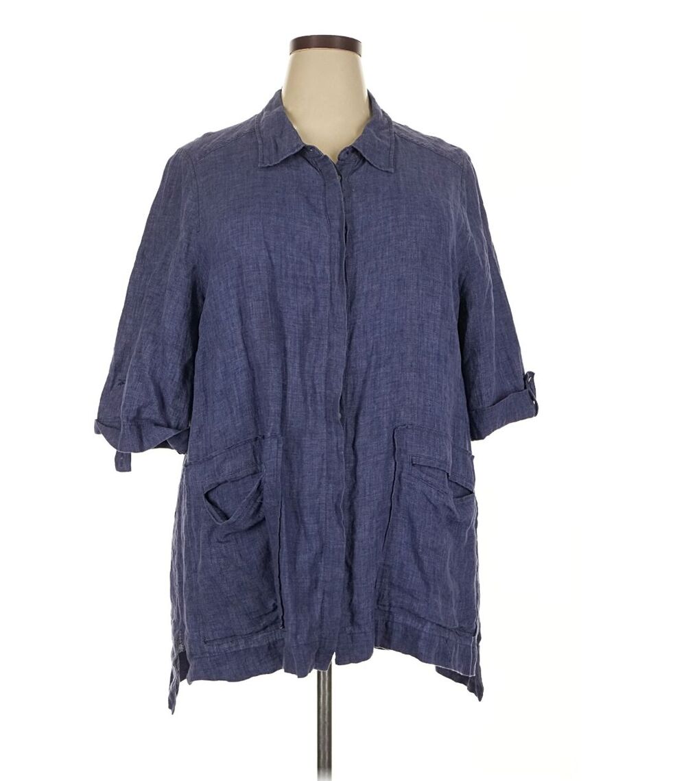 100% Linen Maggie T Blue Lagenlook button shirt 3/4 sleeve, Plus 20